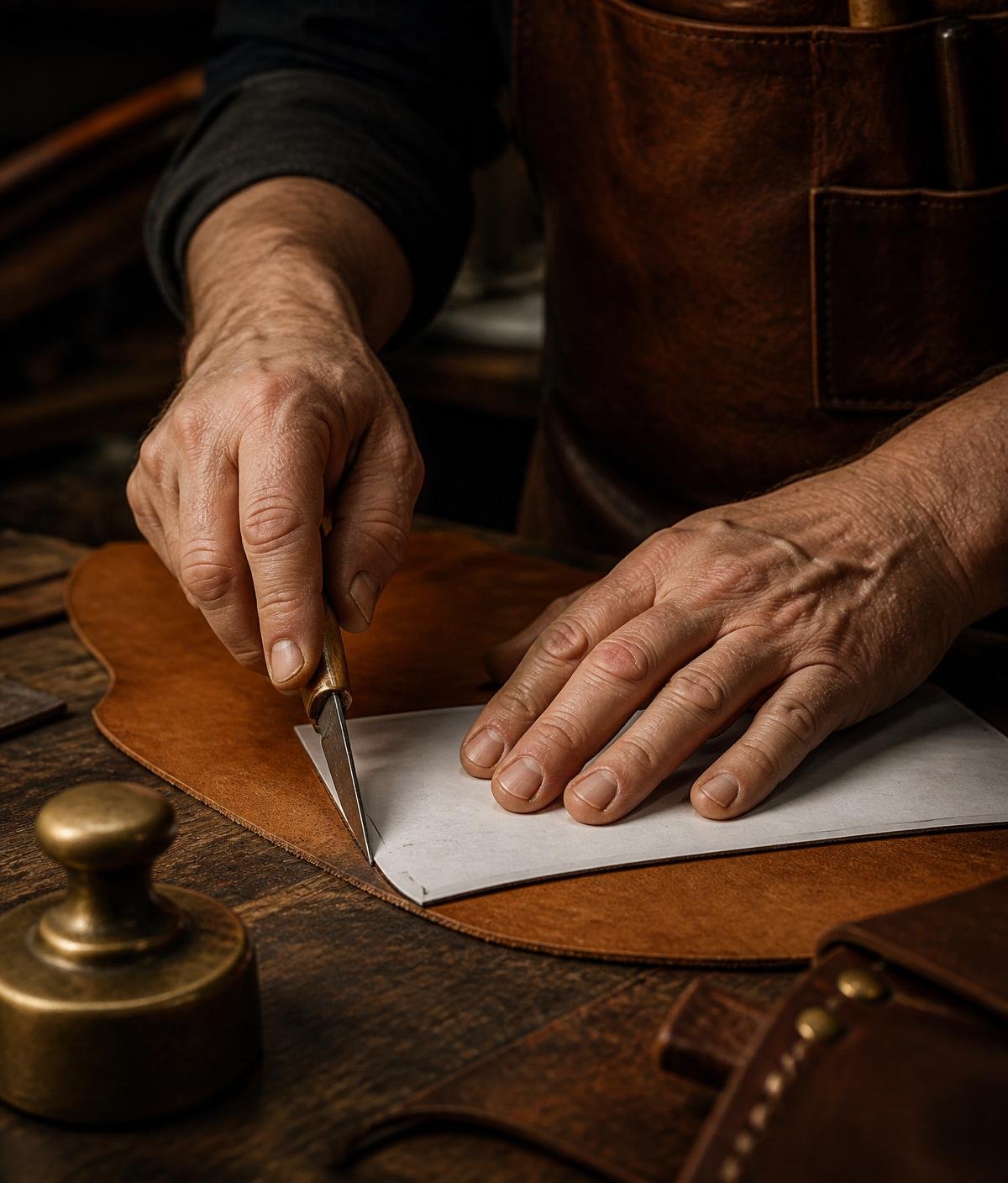Artesão cortando couro com molde profissional